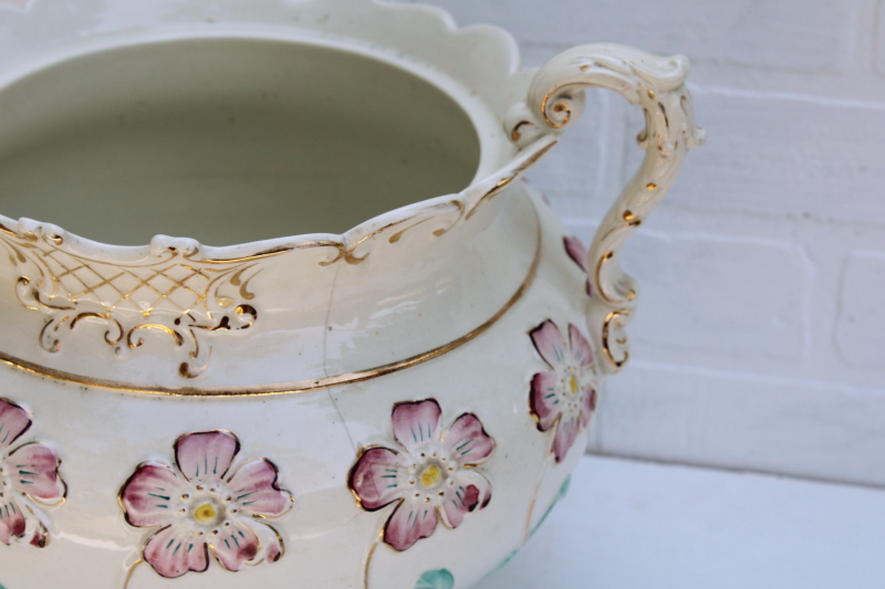 photo of huge antique Victorian jardiniere pot, 1880s vintage Haynes Baltimore china, art nouveau pattern #7
