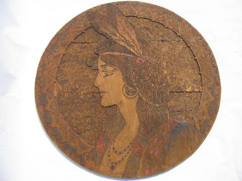 photo of huge antique arts & crafts Flemish Art woodburned sign, Indian maiden #1