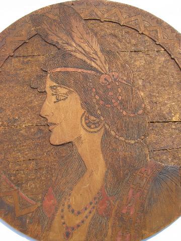 photo of huge antique arts & crafts Flemish Art woodburned sign, Indian maiden #2