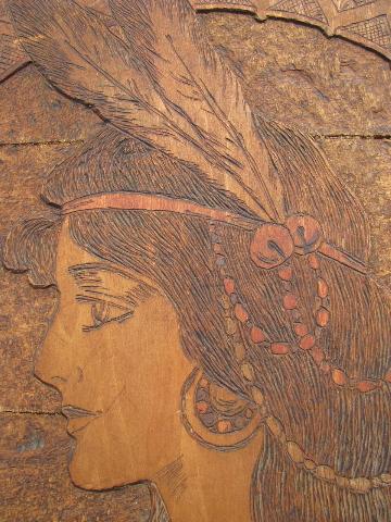 photo of huge antique arts & crafts Flemish Art woodburned sign, Indian maiden #4