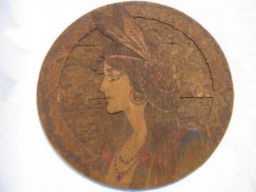 catalog photo of huge antique arts & crafts Flemish Art woodburned sign, Indian maiden