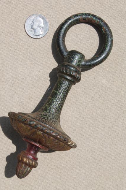 photo of huge antique cast iron pendant finial, arts & crafts architectural counter weight #1