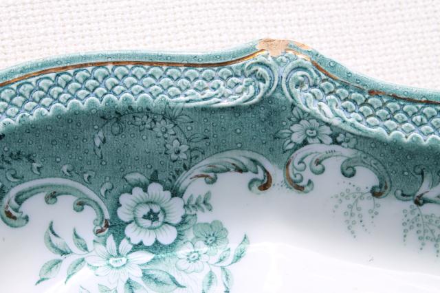 photo of huge antique china tray or platter w/ 1897 date, vintage transferware aqua blue green #7