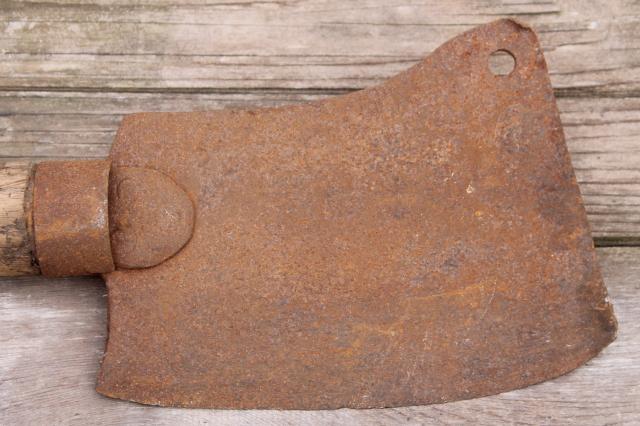 photo of huge antique meat cleaver vintage butchering tool heavy rusty steel blade  #2