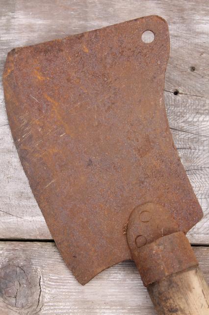 photo of huge antique meat cleaver vintage butchering tool heavy rusty steel blade  #3