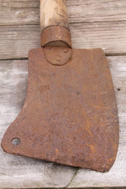 photo of huge antique meat cleaver vintage butchering tool heavy rusty steel blade  #4