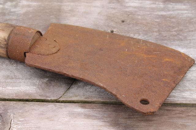 photo of huge antique meat cleaver vintage butchering tool heavy rusty steel blade  #5