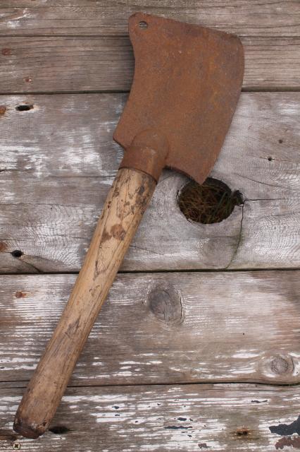 photo of huge antique meat cleaver vintage butchering tool heavy rusty steel blade  #6