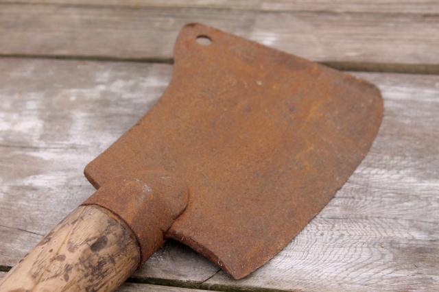 photo of huge antique meat cleaver vintage butchering tool heavy rusty steel blade  #7