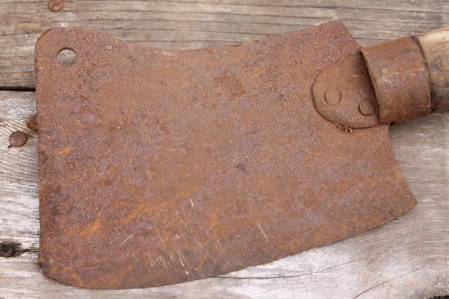 photo of huge antique meat cleaver vintage butchering tool heavy rusty steel blade  #10