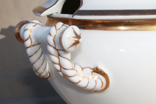 photo of huge antique vintage Limoges china soup tureen, white & gold cable rope Haviland #3