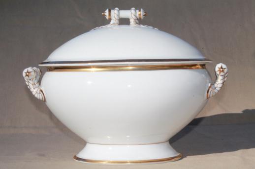 photo of huge antique vintage Limoges china soup tureen, white & gold cable rope Haviland #5