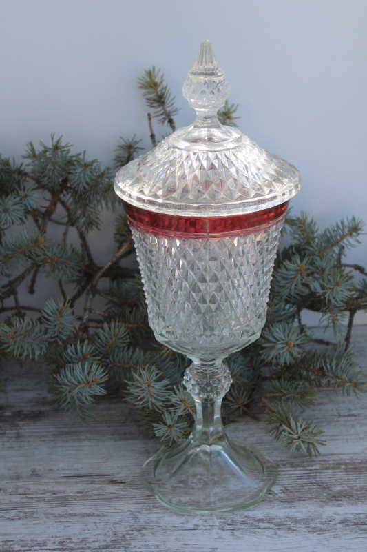 photo of huge apothecary jar candy dish, vintage Indiana glass ruby stain band diamond point glass urn #1