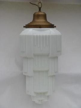 catalog photo of huge art deco vintage skyscraper lamp shade, 1930s hanging light, antique lighting