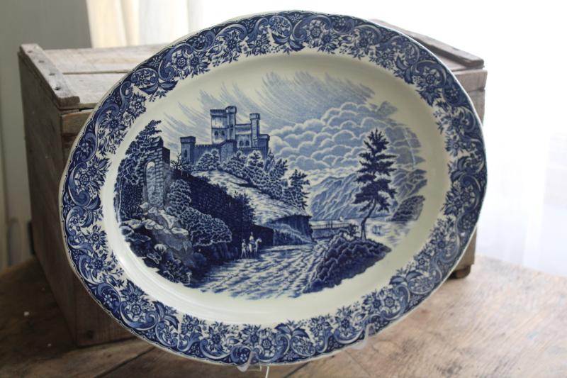 photo of huge blue & white transferware china platter, vintage English scenery British castle views #1