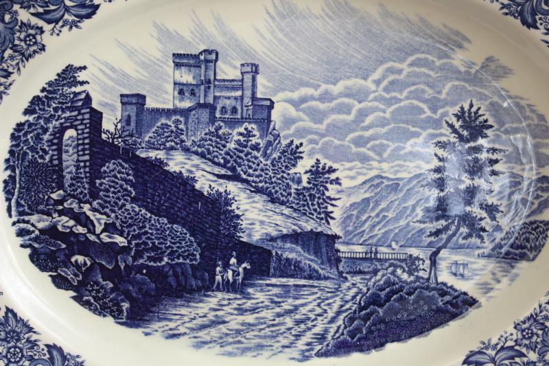 photo of huge blue & white transferware china platter, vintage English scenery British castle views #3
