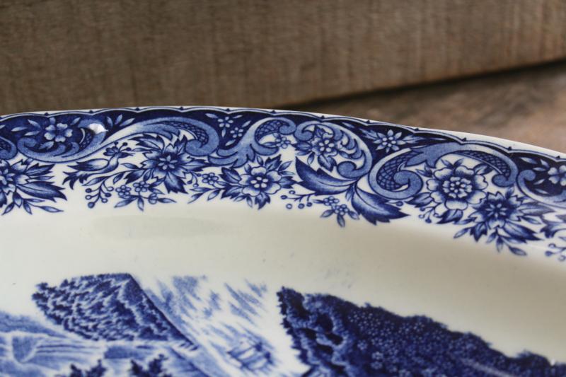 photo of huge blue & white transferware china platter, vintage English scenery British castle views #5