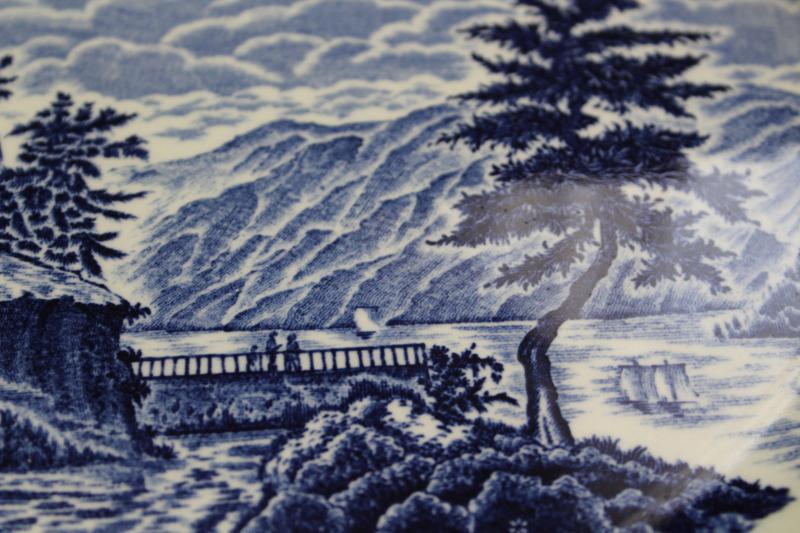 photo of huge blue & white transferware china platter, vintage English scenery British castle views #6