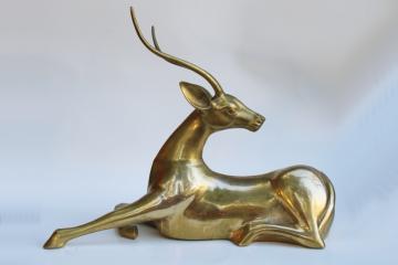 catalog photo of huge brass deer statue, mid century vintage long horned gazelle or antelope bohemian decor 