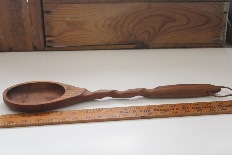 photo of huge carved walnut wood spoon, handcrafted vintage pot stirrer or kitchen wall hanging art #1