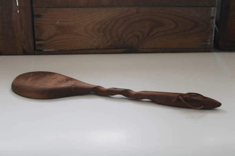photo of huge carved walnut wood spoon, handcrafted vintage pot stirrer or kitchen wall hanging art #5