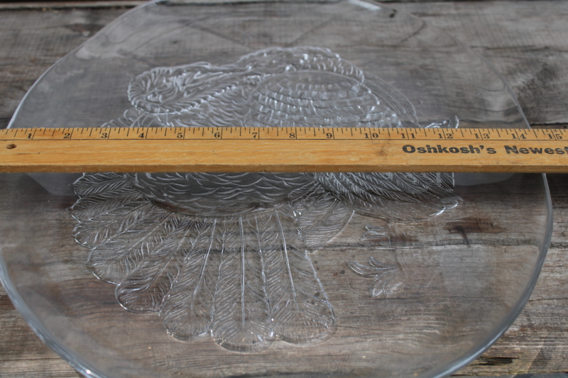 photo of huge clear glass platter w/ turkey design, oval serving tray vintage Thanksgiving platter #7