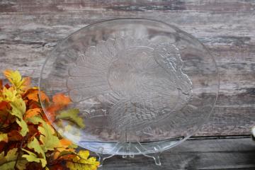 catalog photo of huge clear glass platter w/ turkey design, oval serving tray vintage Thanksgiving platter 