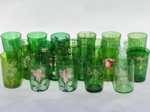 photo of huge collection of forest green glasses, vintage & antique glass tumbler lot #1