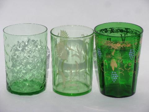 photo of huge collection of forest green glasses, vintage & antique glass tumbler lot #6