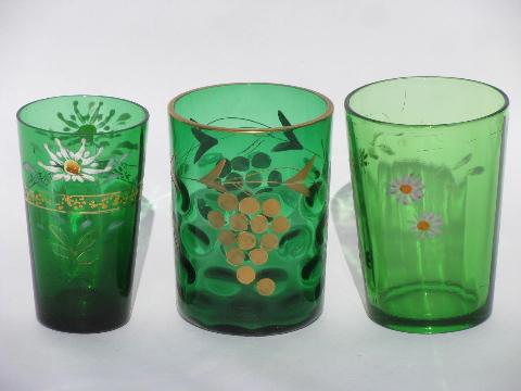 photo of huge collection of forest green glasses, vintage & antique glass tumbler lot #9