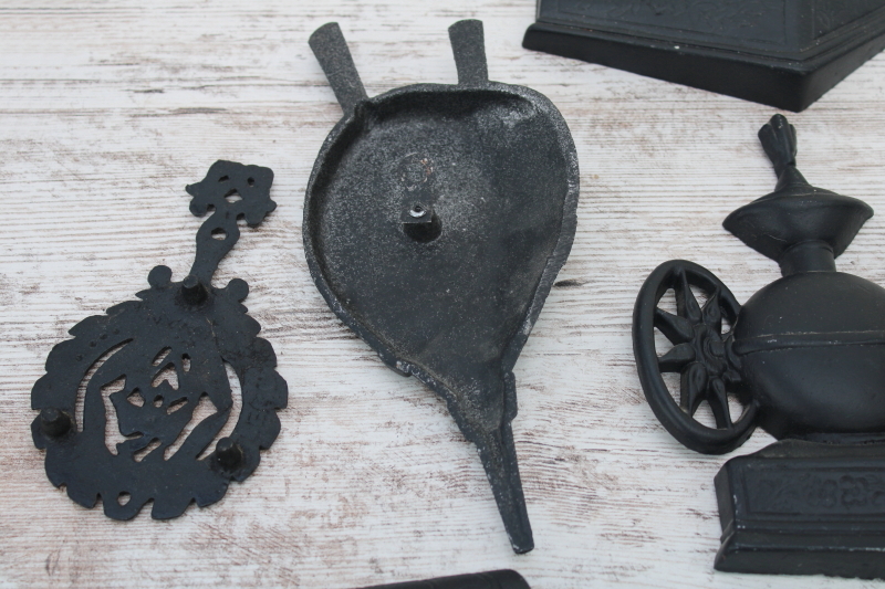 photo of huge collection vintage cast metal primitive wall art black iron trivets, country rustic decor plaques #8