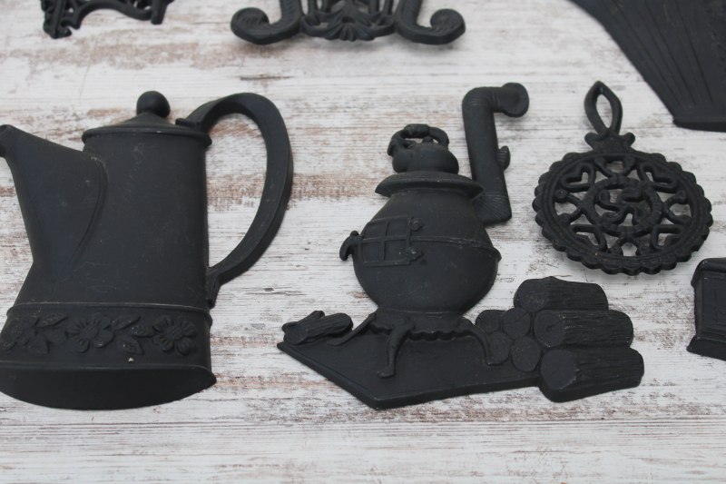 photo of huge collection vintage cast metal primitive wall art black iron trivets, country rustic decor plaques #11