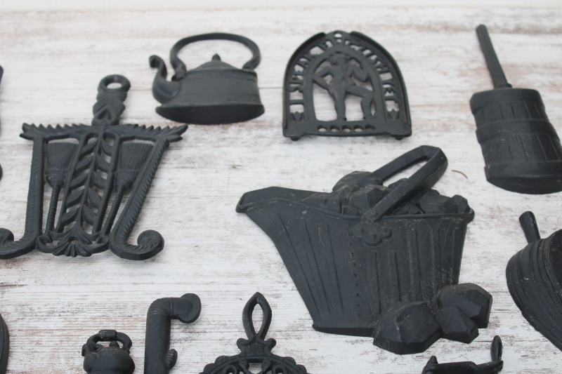 photo of huge collection vintage cast metal primitive wall art black iron trivets, country rustic decor plaques #12