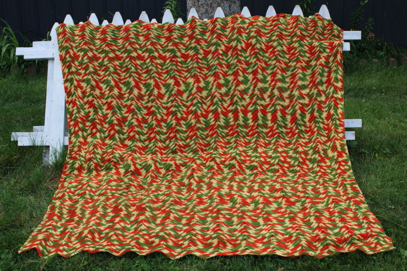 photo of huge crochet afghan bedspread, hippie vintage Indian blanket southwest colors gold rust green #1