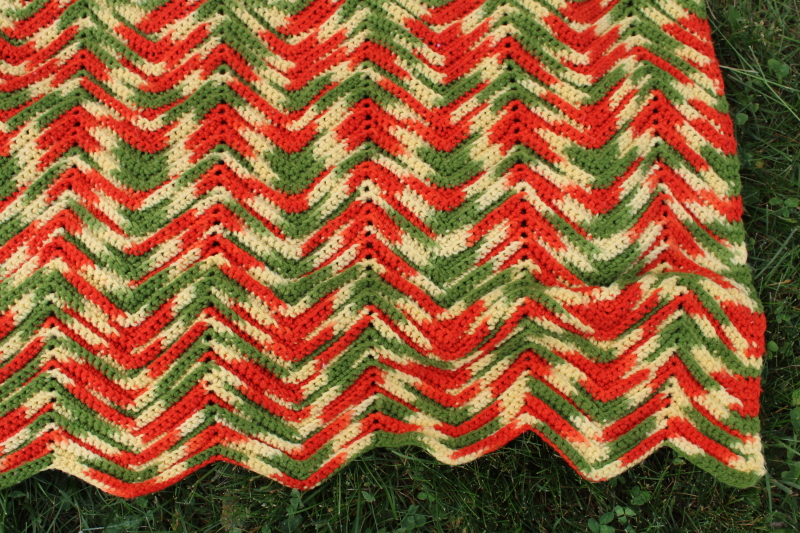 photo of huge crochet afghan bedspread, hippie vintage Indian blanket southwest colors gold rust green #2