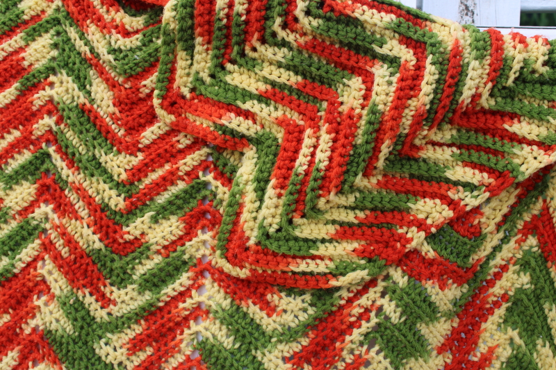 photo of huge crochet afghan bedspread, hippie vintage Indian blanket southwest colors gold rust green #4