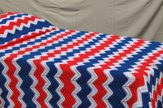 photo of huge crochet afghan in red, white and blue - 4th of July picnic blanket or king size bedspread #1