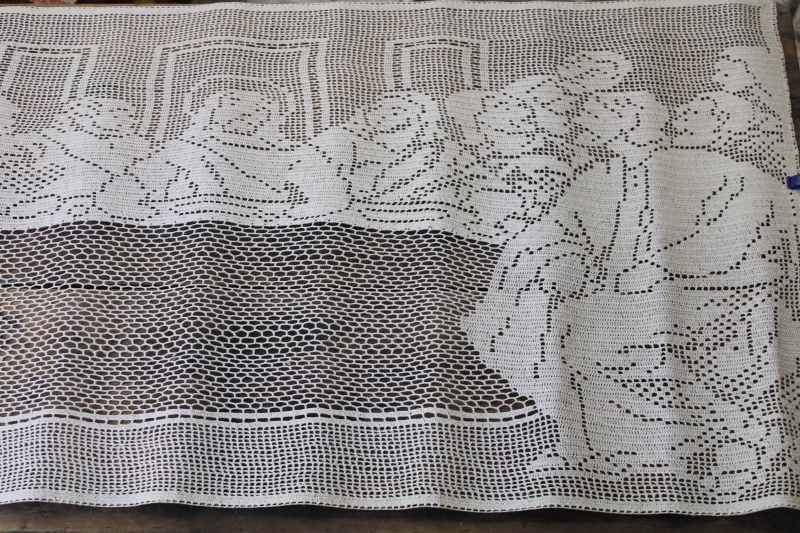 photo of huge crochet lace picture of The Last Supper, vintage church lace Easter wall hanging #1