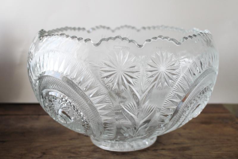 photo of huge crystal clear pressed glass punch bowl w/ ornate metal stand, pinwheel pattern #2