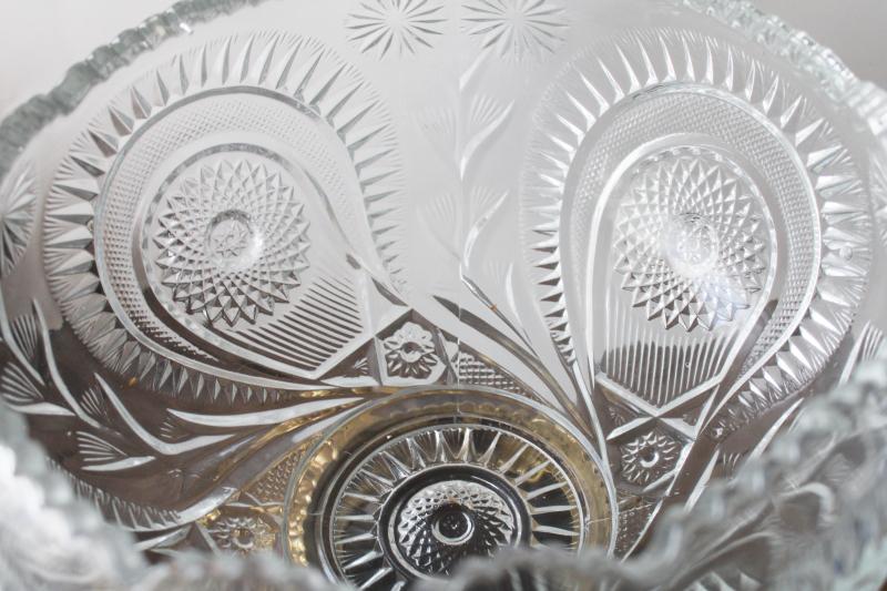 photo of huge crystal clear pressed glass punch bowl w/ ornate metal stand, pinwheel pattern #6