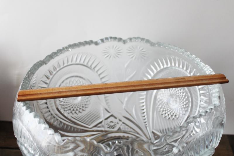 photo of huge crystal clear pressed glass punch bowl w/ ornate metal stand, pinwheel pattern #7