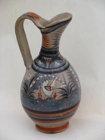 photo of huge ewer pitcher, vintage Mexican hand-painted Zuni art pottery #3