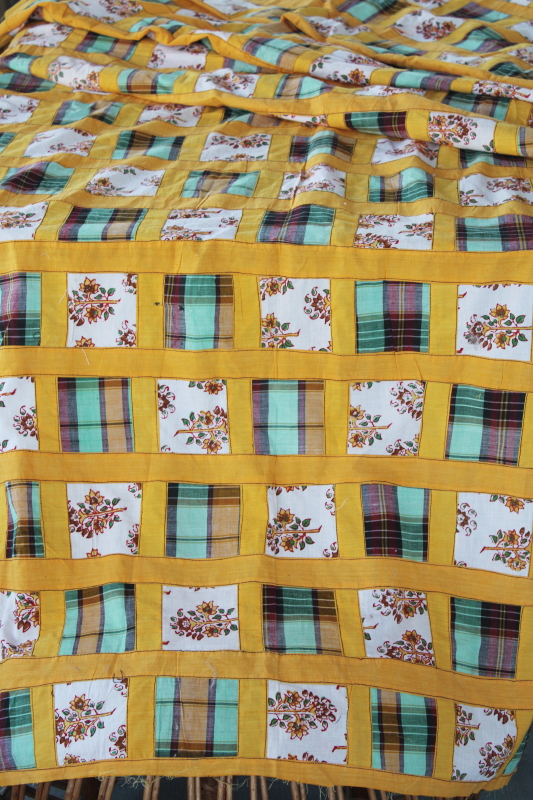 photo of huge farmhouse table runner cloth, rustic vintage patchwork quilt top, harvest gold & green plaid #1