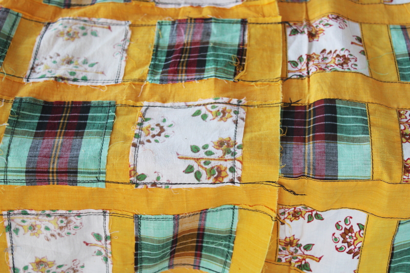 photo of huge farmhouse table runner cloth, rustic vintage patchwork quilt top, harvest gold & green plaid #5