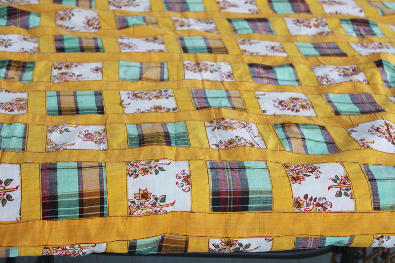 photo of huge farmhouse table runner cloth, rustic vintage patchwork quilt top, harvest gold & green plaid #6