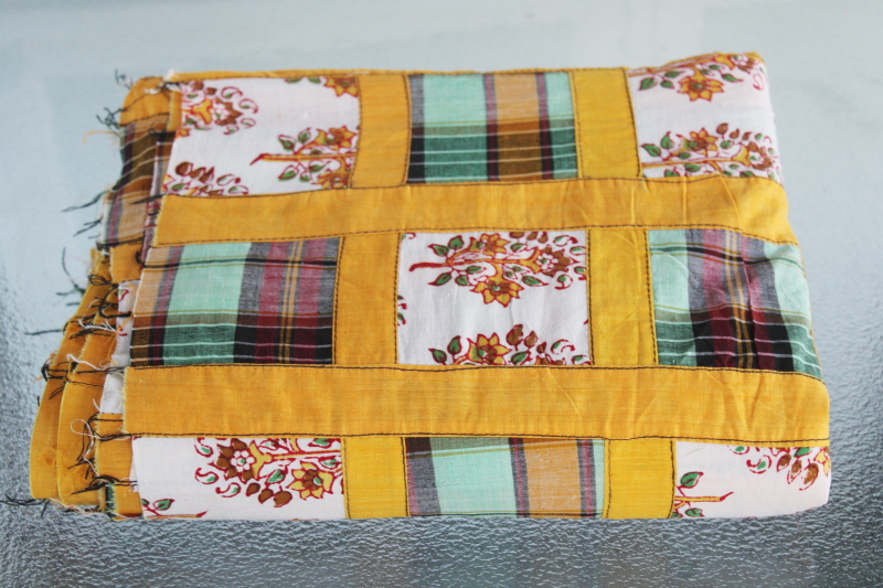 photo of huge farmhouse table runner cloth, rustic vintage patchwork quilt top, harvest gold & green plaid #9