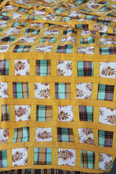 catalog photo of huge farmhouse table runner cloth, rustic vintage patchwork quilt top, harvest gold & green plaid