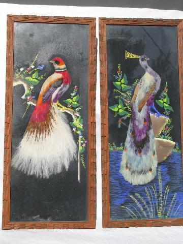 photo of huge feather bird pictures in carved wood frames, vintage Mexico #1