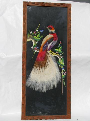 photo of huge feather bird pictures in carved wood frames, vintage Mexico #4