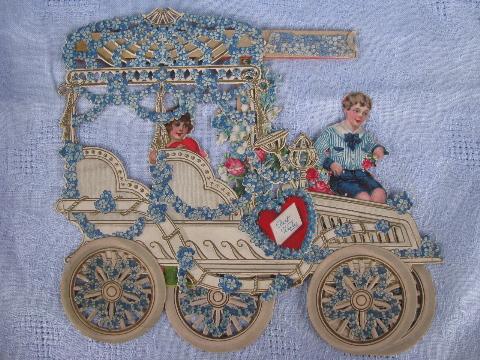 photo of huge fold-out paper die-cut Valentine, Victorian horseless carriage, Germany #2